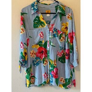 Ruby Rd. Women's Blue Strip Floral 3/4 Sleeve Flowy Shirt Size Large